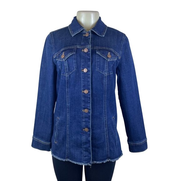 Chico’s Blue Ladies Denim Button Front Frayed Hem Jacket Long Sleeves Sz 8/10 - Picture 1 of 9